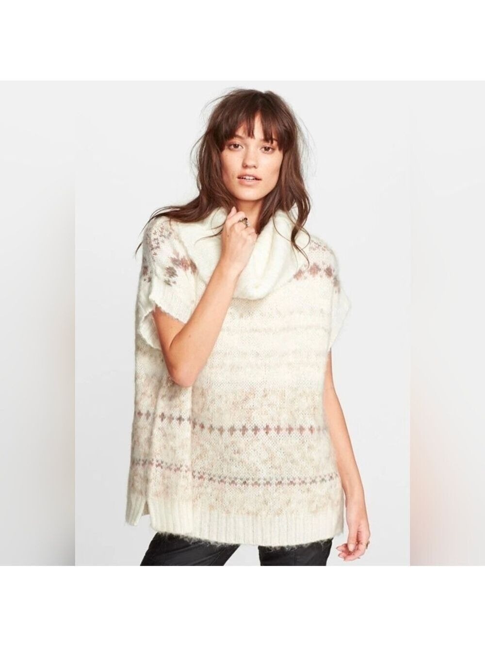 Free People Ivory Combo Snow Bunny Dolman Fair Isle Turtle Neck Sweater Oversize